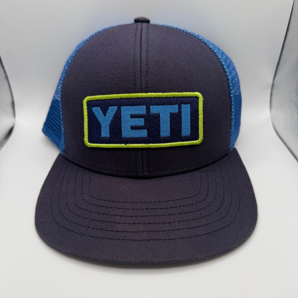 YETI Navy Blue Mesh Trucker Hat Snapback Built For The Wild Patch Logo Cap